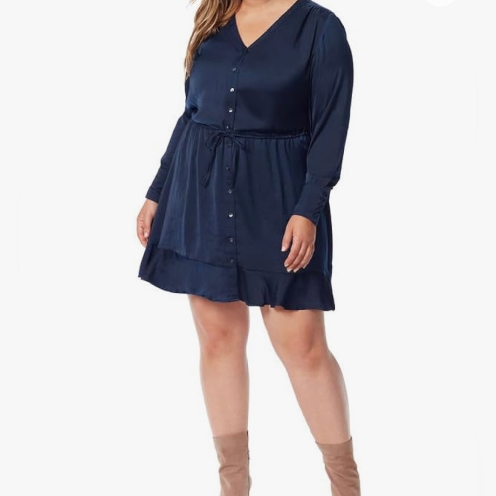 Jessica Simpson Plus Size 3X Navy Blue Satin Shiloh Long Sleeve Ruffle Dress - Picture 3 of 11